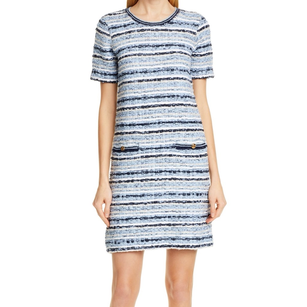 Tory Burch Tweed Dress in Blue Short Sleeve Nylon Cotton Blend Sheath Mini